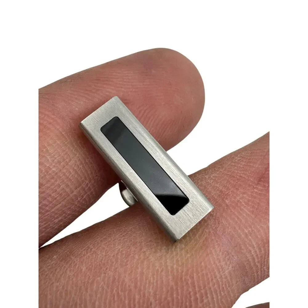 Vintage Brutalist Modernist Bar Cufflinks Brushed Aluminum Brushed Black Inlay